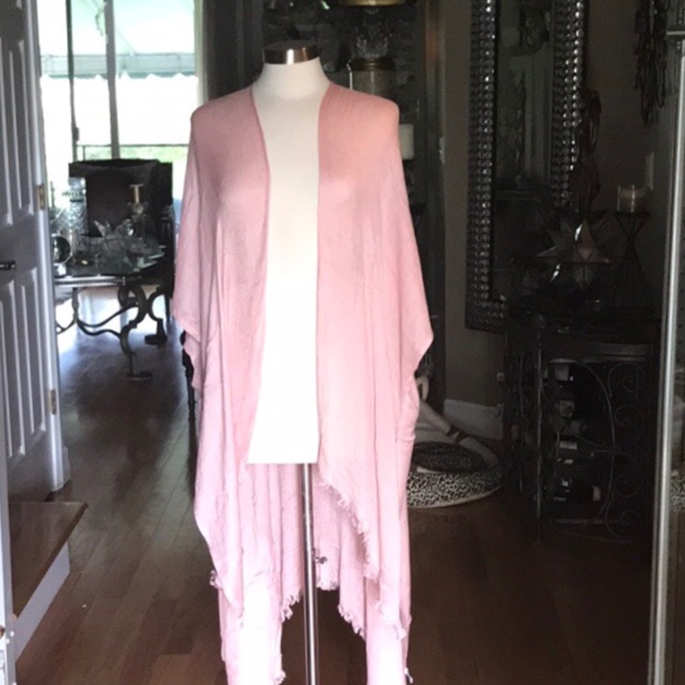Blush Open Grid Frayed Trim Arm Hole Kimono - Picture 3 of 8